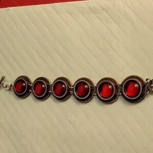 EUC  VINTAGE Bent Larsen Tin Co.red glass cabachon toggle bracelet